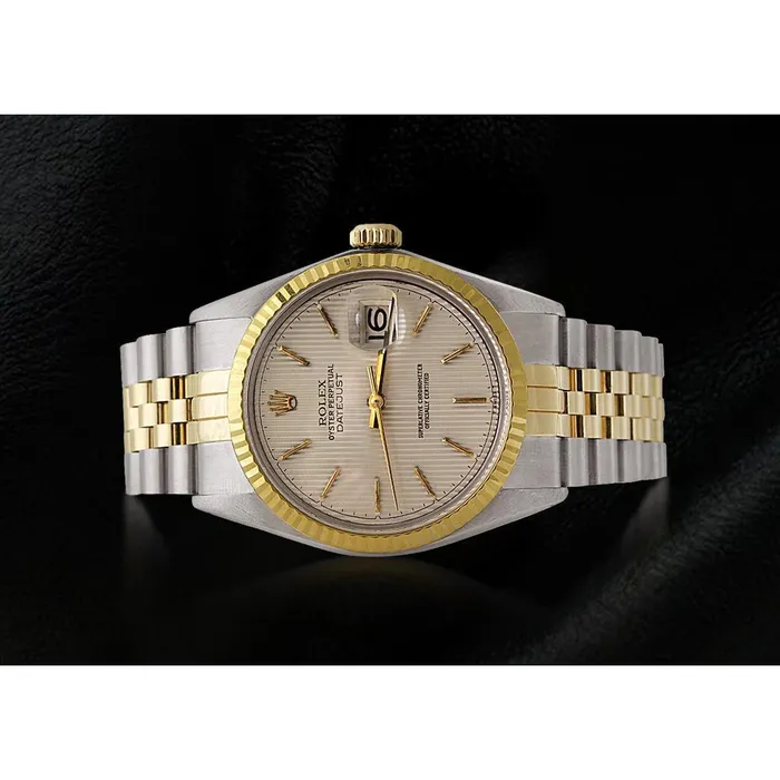 Rings GB Rolex Mens Watch Ivory Stick Dial Datejust Two Tone Gold And Ss QUICK SET