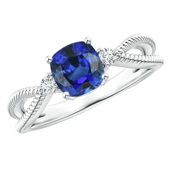 Rings HarryChadEntcom 3 Stone Ring Cushion Blue Sapphire Rope Style 225 Carats Split Shank Rings HarryChadEntcom 3 Stone Ring Cushion Blue Sapphire Rope Style 225 Carats Split Shank
