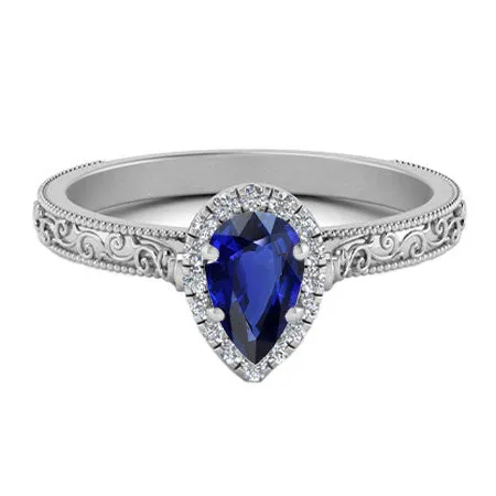 Rings HarryChadEntcom Pear Sapphire Halo Ring 150 Carats Antique Style White Gold Rings HarryChadEntcom Pear Sapphire Halo Ring 150 Carats Antique Style White Gold
