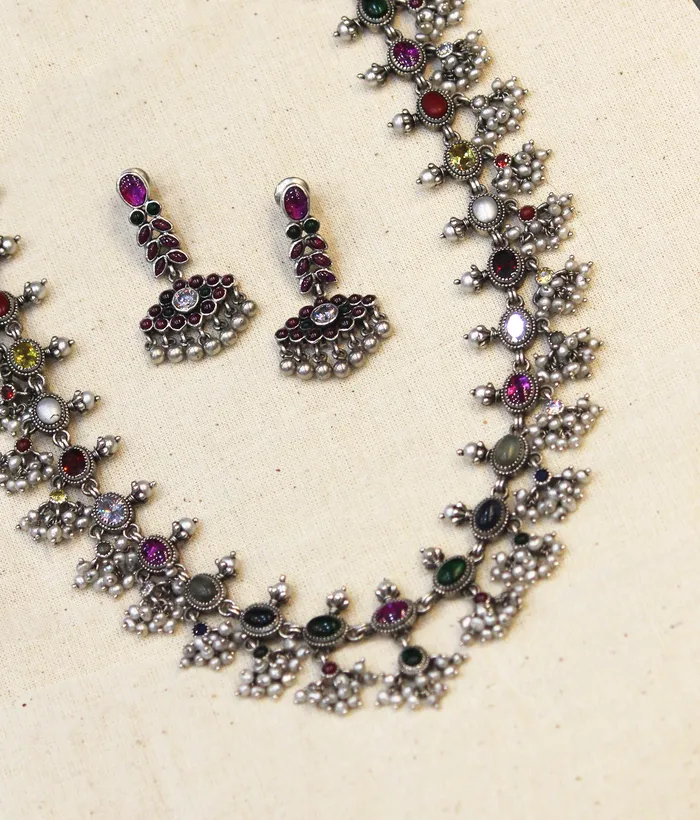 Silversmith Necklaces The Pranit Silver Navratna Necklace Oxidised