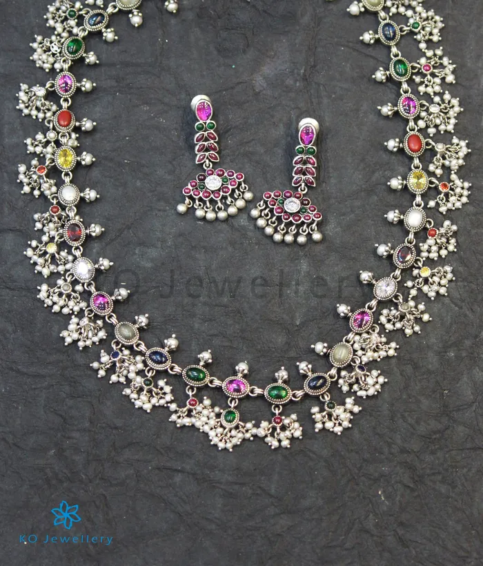 Silversmith Necklaces The Pranit Silver Navratna Necklace Oxidised