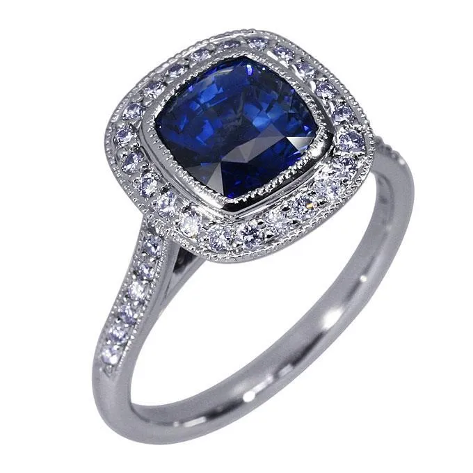 Square Sapphire Halo Natural Earth Mined Diamond Ring GB Rings
